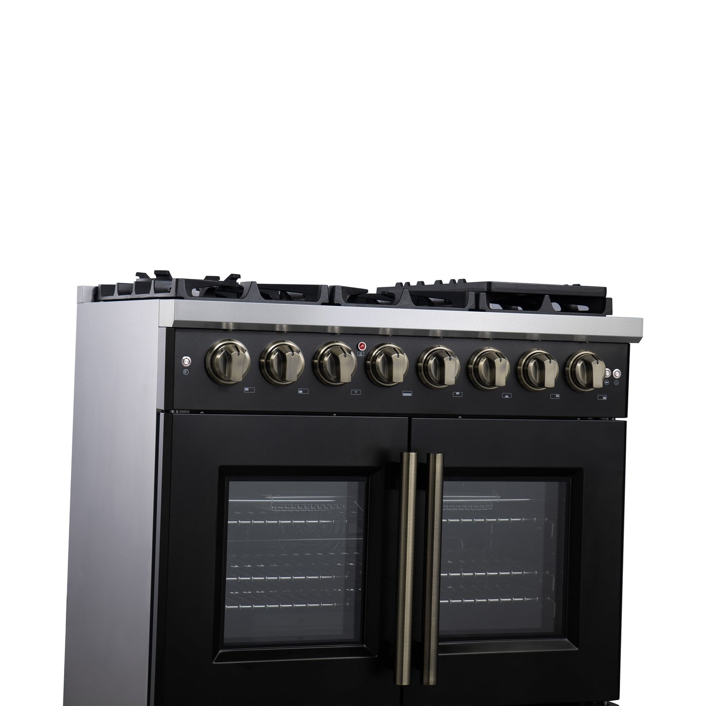 Forno Capriasca 36-Inch Dual Fuel Range, 5.36 Cu. Ft., 6 Sealed Brass Burners, Black with Antique Brass Accents, FFSGS6387-36BLK