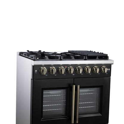 Forno Capriasca 36-Inch Dual Fuel Range, 5.36 Cu. Ft., 6 Sealed Brass Burners, Black with Antique Brass Accents, FFSGS6387-36BLK