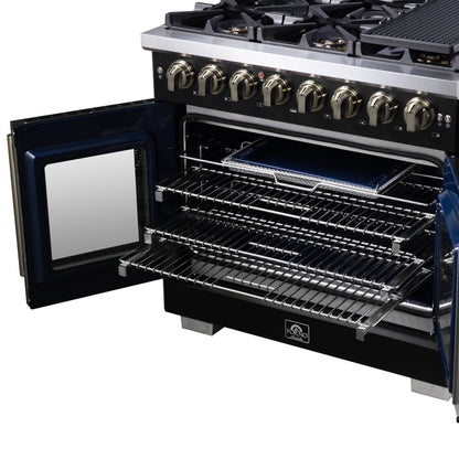 Forno Capriasca 36-Inch Dual Fuel Range, 5.36 Cu. Ft., 6 Sealed Brass Burners, Black with Antique Brass Accents, FFSGS6387-36BLK