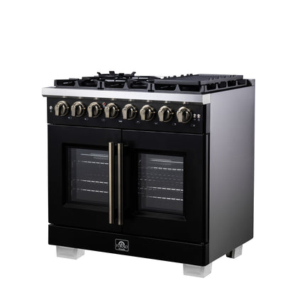 Forno Capriasca 36-Inch Dual Fuel Range, 5.36 Cu. Ft., 6 Sealed Brass Burners, Black with Antique Brass Accents, FFSGS6387-36BLK