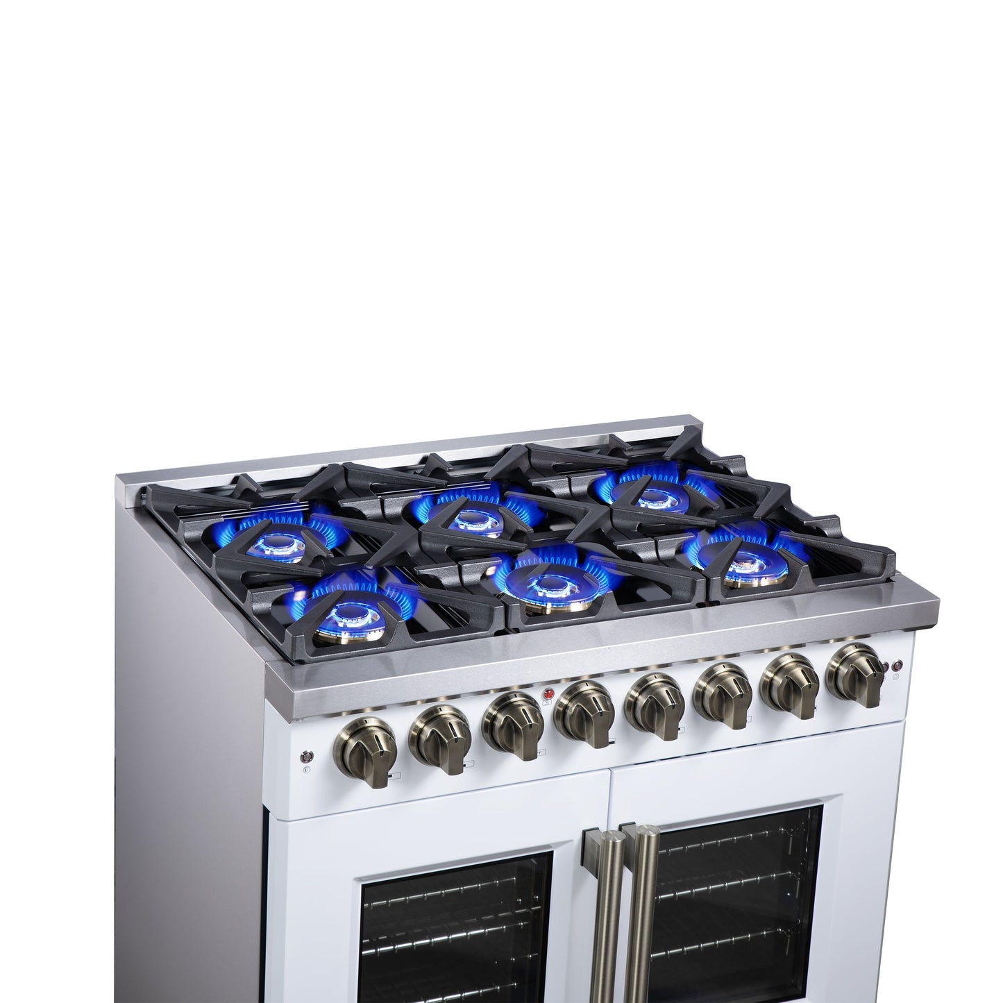 Forno Capriasca 36-Inch Dual Fuel Freestanding Range, 5.36 cu. ft. Oven, 6 Sealed Brass Burners, Air Fry Basket, Rotisserie Kit, Wok Ring & Griddle, White with Antique Brass Acccents (FFSGS6387-36WHT)