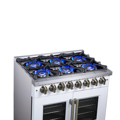 Forno Capriasca 36-Inch Dual Fuel Freestanding Range, 5.36 cu. ft. Oven, 6 Sealed Brass Burners, Air Fry Basket, Rotisserie Kit, Wok Ring & Griddle, White with Antique Brass Acccents (FFSGS6387-36WHT)