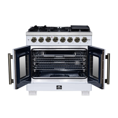 Forno Capriasca 36-Inch Dual Fuel Freestanding Range, 5.36 cu. ft. Oven, 6 Sealed Brass Burners, Air Fry Basket, Rotisserie Kit, Wok Ring & Griddle, White with Antique Brass Acccents (FFSGS6387-36WHT)