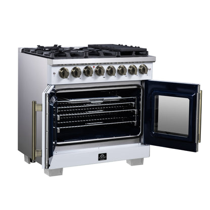 Forno Capriasca 36-Inch Dual Fuel Freestanding Range, 5.36 cu. ft. Oven, 6 Sealed Brass Burners, Air Fry Basket, Rotisserie Kit, Wok Ring & Griddle, White with Antique Brass Acccents (FFSGS6387-36WHT)