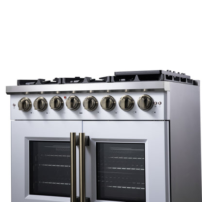Forno Capriasca 36-Inch Dual Fuel Freestanding Range, 5.36 cu. ft. Oven, 6 Sealed Brass Burners, Air Fry Basket, Rotisserie Kit, Wok Ring & Griddle, White with Antique Brass Acccents (FFSGS6387-36WHT)