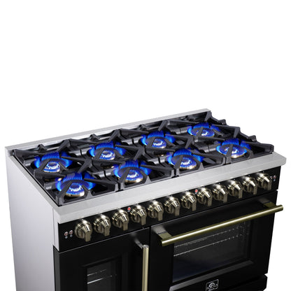 Forno Capriasca 48-Inch Dual Fuel Range, 6.58 cu. ft. Oven, 8 Sealed Brass Burners, Air Fryer Kit, Rotisserie Kit, Wok Ring & Griddle, Black with Antique Brass Accents (FFSGS6387-48BLK)