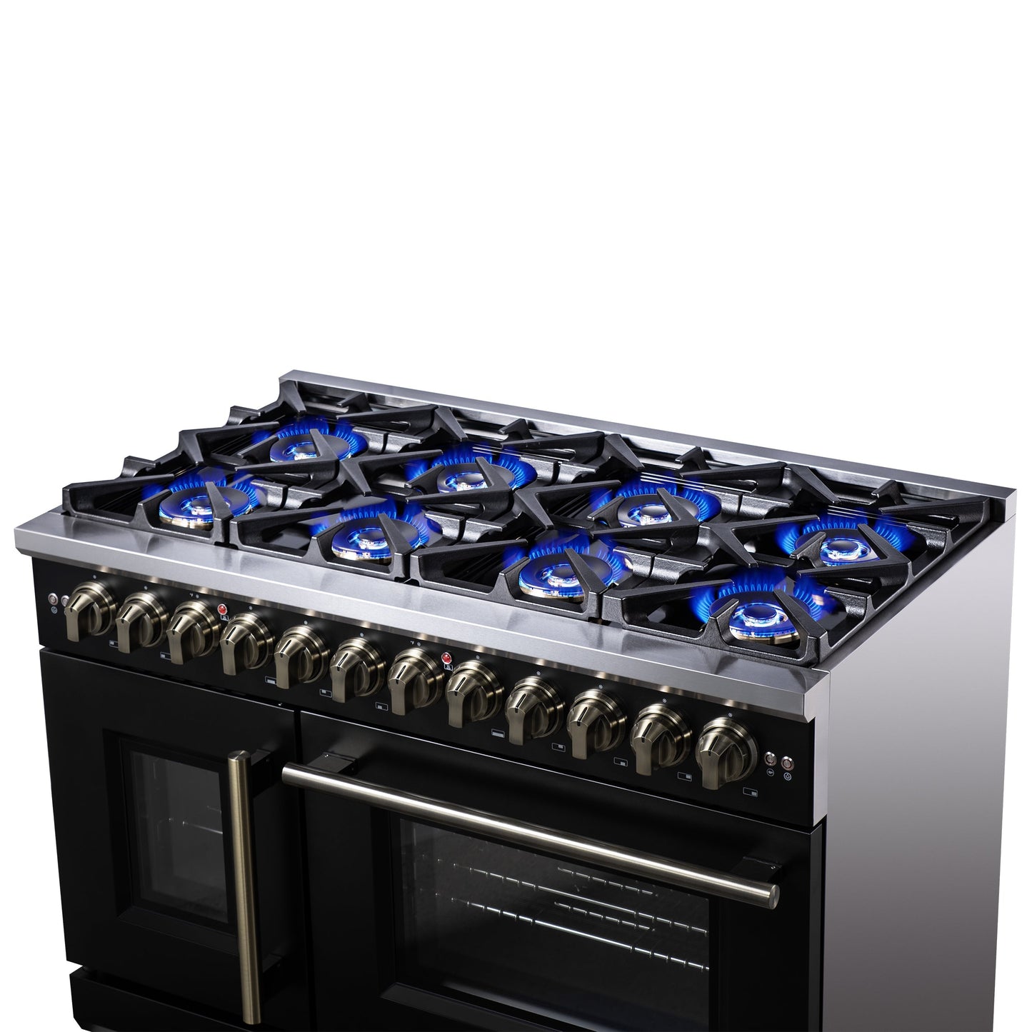 Forno Capriasca 48-Inch Dual Fuel Range, 6.58 cu. ft. Oven, 8 Sealed Brass Burners, Air Fryer Kit, Rotisserie Kit, Wok Ring & Griddle, Black with Antique Brass Accents (FFSGS6387-48BLK)
