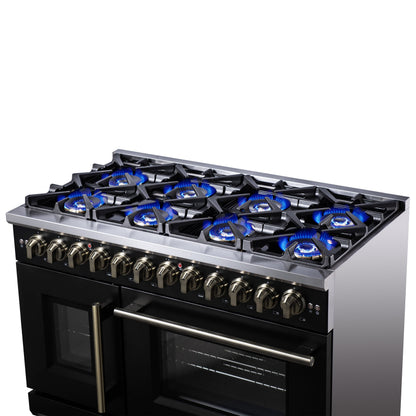 Forno Capriasca 48-Inch Dual Fuel Range, 6.58 cu. ft. Oven, 8 Sealed Brass Burners, Air Fryer Kit, Rotisserie Kit, Wok Ring & Griddle, Black with Antique Brass Accents (FFSGS6387-48BLK)