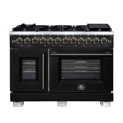 Forno Capriasca 48-Inch Dual Fuel Range, 6.58 cu. ft. Oven, 8 Sealed Brass Burners, Air Fryer Kit, Rotisserie Kit, Wok Ring & Griddle, Black with Antique Brass Accents (FFSGS6387-48BLK)