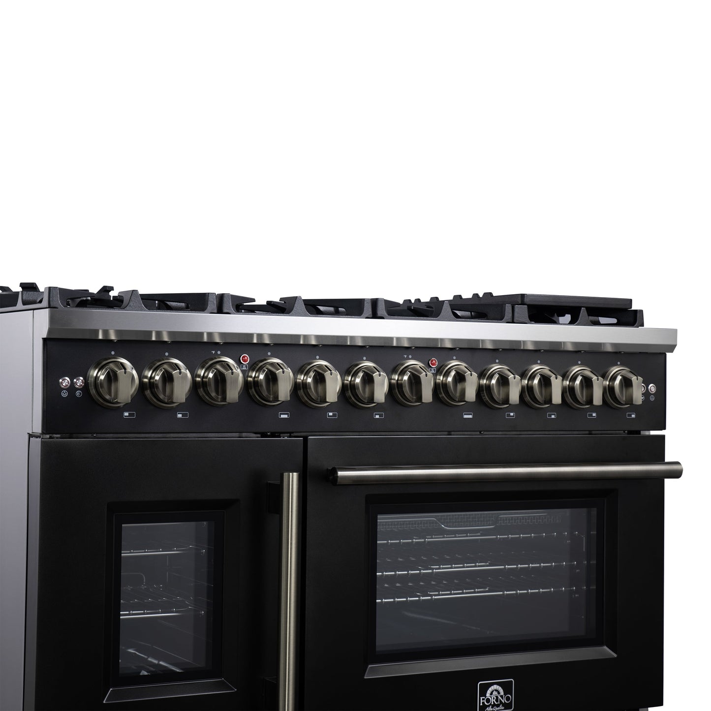 Forno Capriasca 48-Inch Dual Fuel Range, 6.58 cu. ft. Oven, 8 Sealed Brass Burners, Air Fryer Kit, Rotisserie Kit, Wok Ring & Griddle, Black with Antique Brass Accents (FFSGS6387-48BLK)