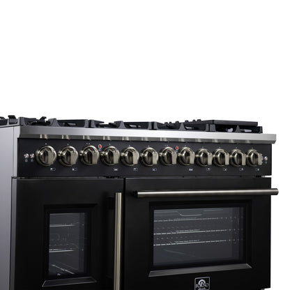 Forno Capriasca 48-Inch Dual Fuel Range, 6.58 cu. ft. Oven, 8 Sealed Brass Burners, Air Fryer Kit, Rotisserie Kit, Wok Ring & Griddle, Black with Antique Brass Accents (FFSGS6387-48BLK)