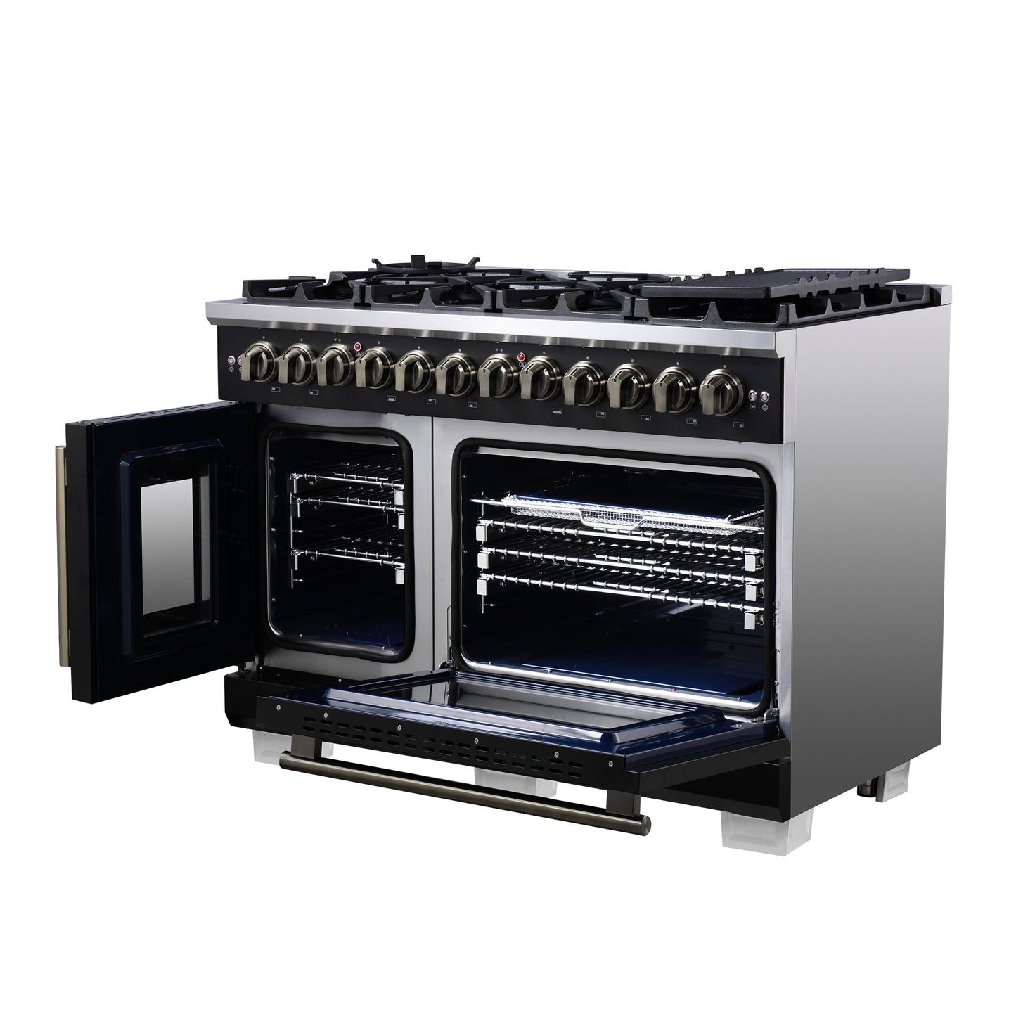 Forno Capriasca 48-Inch Dual Fuel Range, 6.58 cu. ft. Oven, 8 Sealed Brass Burners, Air Fryer Kit, Rotisserie Kit, Wok Ring & Griddle, Black with Antique Brass Accents (FFSGS6387-48BLK)