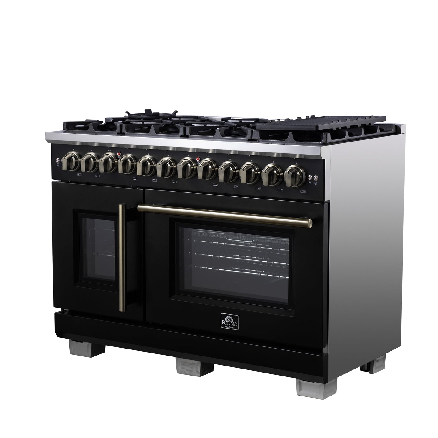 Forno Capriasca 48-Inch Dual Fuel Range, 6.58 cu. ft. Oven, 8 Sealed Brass Burners, Air Fryer Kit, Rotisserie Kit, Wok Ring & Griddle, Black with Antique Brass Accents (FFSGS6387-48BLK)