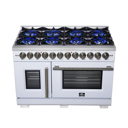 FORNO Capriasca 48-Inch Dual Fuel Range, 6.58 cu. ft. Oven, 8 Sealed Brass Burners, Air Fryer Kit, Rotisserie, Griddle, Wok Ring, White with Antique Brass Acccents (Model: FFSGS6387-48WHT)