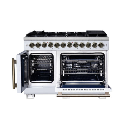 FORNO Capriasca 48-Inch Dual Fuel Range, 6.58 cu. ft. Oven, 8 Sealed Brass Burners, Air Fryer Kit, Rotisserie, Griddle, Wok Ring, White with Antique Brass Acccents (Model: FFSGS6387-48WHT)