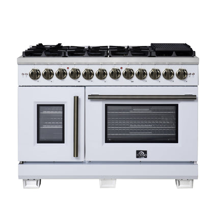 FORNO Capriasca 48-Inch Dual Fuel Range, 6.58 cu. ft. Oven, 8 Sealed Brass Burners, Air Fryer Kit, Rotisserie, Griddle, Wok Ring, White with Antique Brass Acccents (Model: FFSGS6387-48WHT)