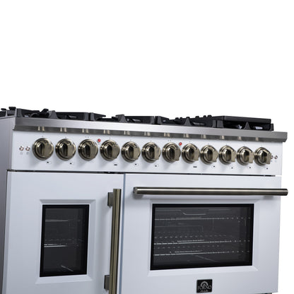 FORNO Capriasca 48-Inch Dual Fuel Range, 6.58 cu. ft. Oven, 8 Sealed Brass Burners, Air Fryer Kit, Rotisserie, Griddle, Wok Ring, White with Antique Brass Acccents (Model: FFSGS6387-48WHT)