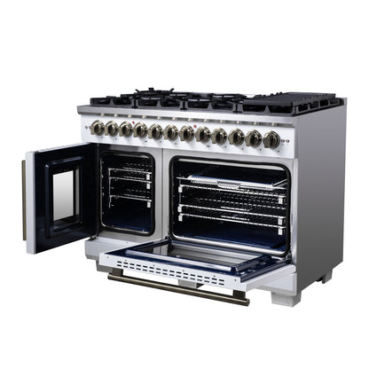 FORNO Capriasca 48-Inch Dual Fuel Range, 6.58 cu. ft. Oven, 8 Sealed Brass Burners, Air Fryer Kit, Rotisserie, Griddle, Wok Ring, White with Antique Brass Acccents (Model: FFSGS6387-48WHT)