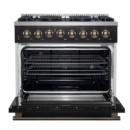 Forno Galiano 36-Inch Dual Fuel Range, 6 Sealed Brass Burners, 5.36 cu. ft. Convection Oven, Black Stainless Steel with Antique Brass Accents, Model FFSGS6156-36BLK