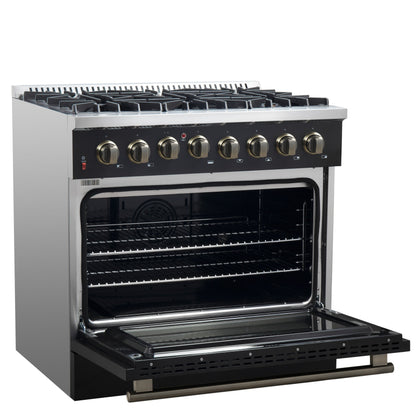 Forno Galiano 36-Inch Dual Fuel Range, 6 Sealed Brass Burners, 5.36 cu. ft. Convection Oven, Black Stainless Steel with Antique Brass Accents, Model FFSGS6156-36BLK