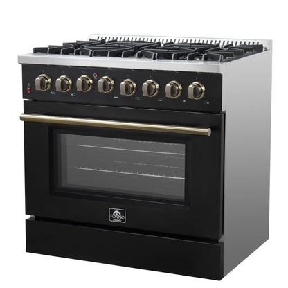 Forno Galiano 36-Inch Dual Fuel Range, 6 Sealed Brass Burners, 5.36 cu. ft. Convection Oven, Black Stainless Steel with Antique Brass Accents, Model FFSGS6156-36BLK