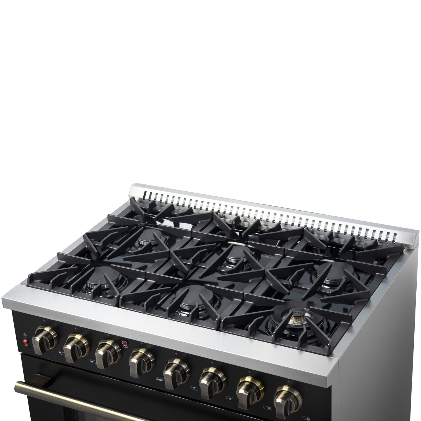 Forno Galiano 36-Inch Dual Fuel Range, 6 Sealed Brass Burners, 5.36 cu. ft. Convection Oven, Black Stainless Steel with Antique Brass Accents, Model FFSGS6156-36BLK