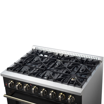 Forno Galiano 36-Inch Dual Fuel Range, 6 Sealed Brass Burners, 5.36 cu. ft. Convection Oven, Black Stainless Steel with Antique Brass Accents, Model FFSGS6156-36BLK