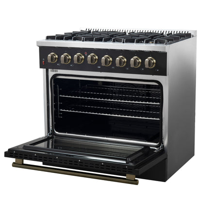 Forno Galiano 36-Inch Dual Fuel Range, 6 Sealed Brass Burners, 5.36 cu. ft. Convection Oven, Black Stainless Steel with Antique Brass Accents, Model FFSGS6156-36BLK