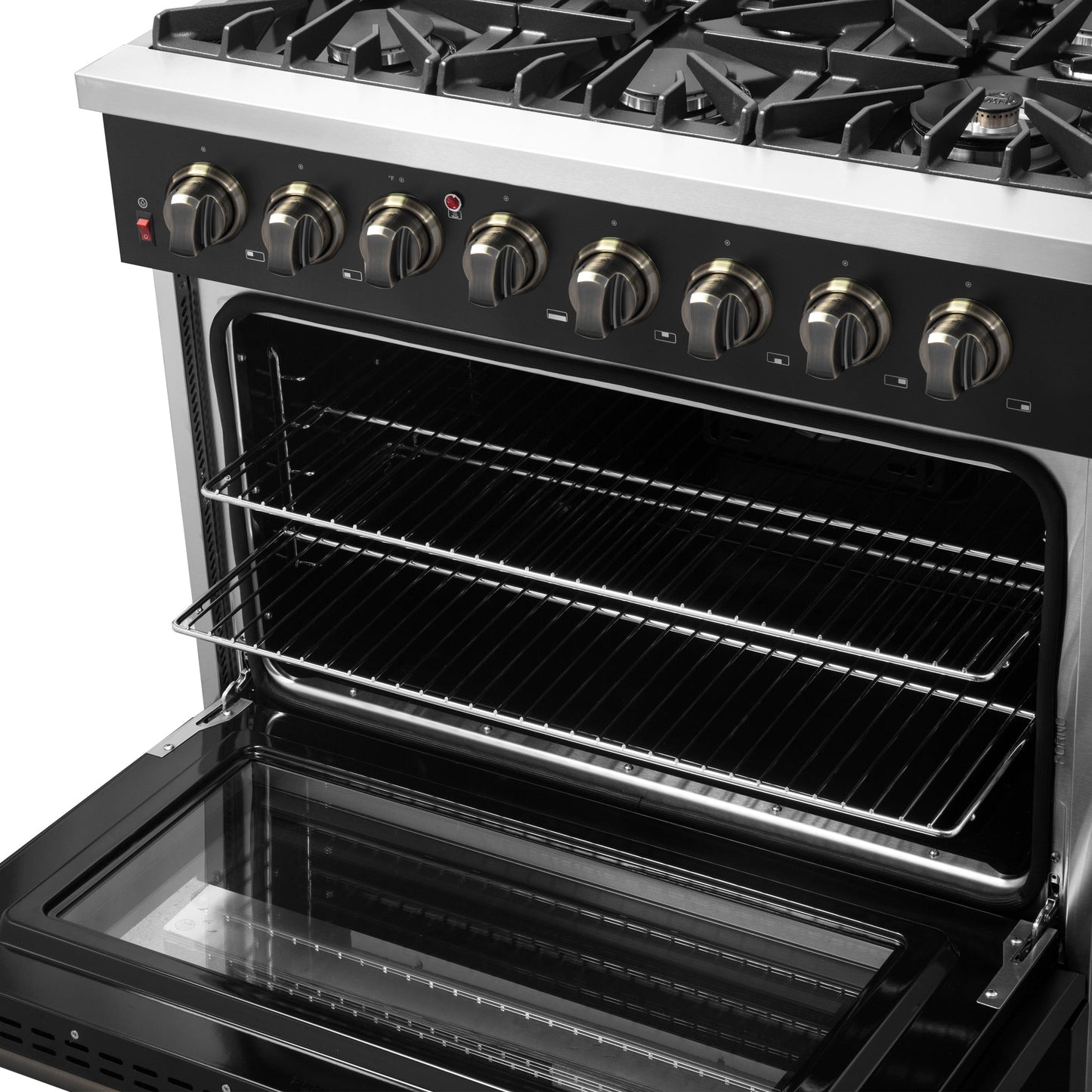 Forno Galiano 36-Inch Dual Fuel Range, 6 Sealed Brass Burners, 5.36 cu. ft. Convection Oven, Black Stainless Steel with Antique Brass Accents, Model FFSGS6156-36BLK