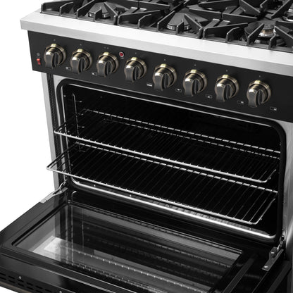 Forno Galiano 36-Inch Dual Fuel Range, 6 Sealed Brass Burners, 5.36 cu. ft. Convection Oven, Black Stainless Steel with Antique Brass Accents, Model FFSGS6156-36BLK