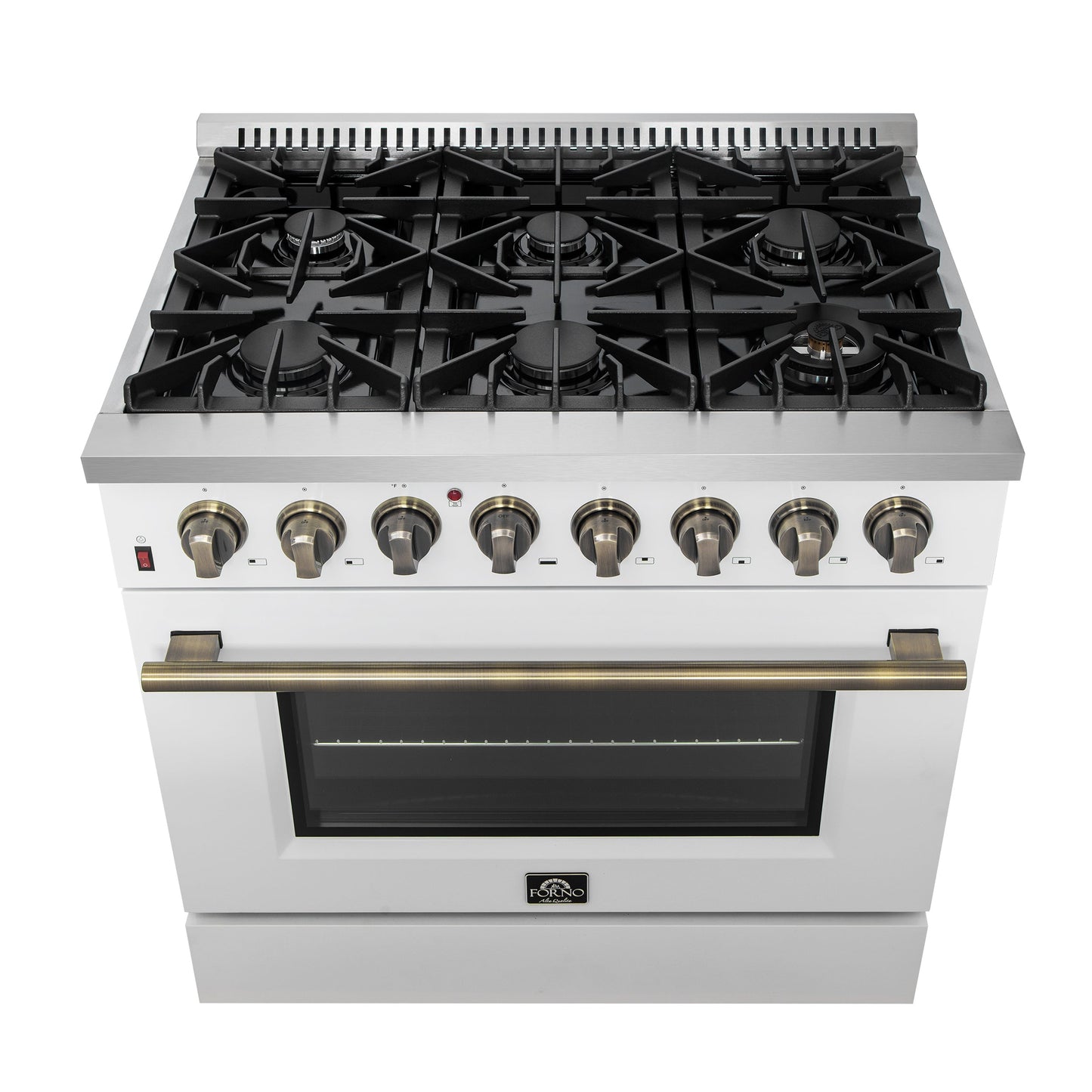 Forno Galiano 36-Inch Dual Fuel Range, 6 Sealed Brass Burners, 5.36 cu. ft. Convection Oven, White Stainless Steel with Antique Brass Accents, Model FFSGS6156-36WHT