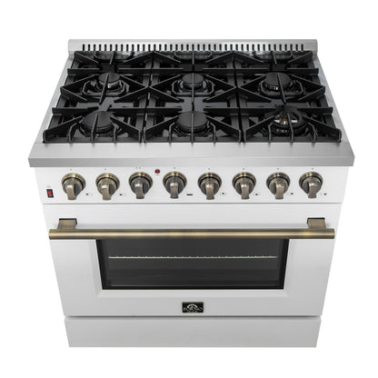 Forno Galiano 36-Inch Dual Fuel Range, 6 Sealed Brass Burners, 5.36 cu. ft. Convection Oven, White Stainless Steel with Antique Brass Accents, Model FFSGS6156-36WHT