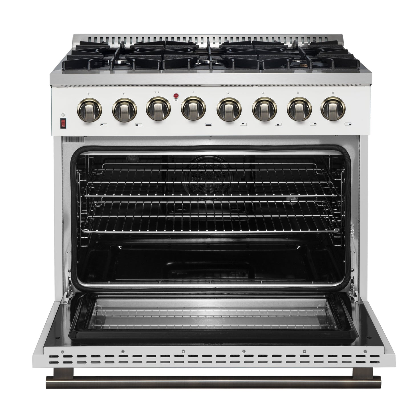 Forno Galiano 36-Inch Dual Fuel Range, 6 Sealed Brass Burners, 5.36 cu. ft. Convection Oven, White Stainless Steel with Antique Brass Accents, Model FFSGS6156-36WHT