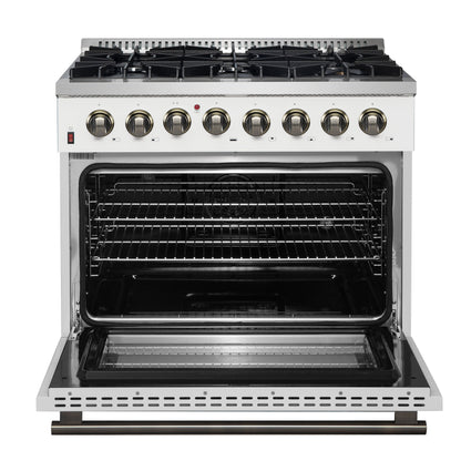 Forno Galiano 36-Inch Dual Fuel Range, 6 Sealed Brass Burners, 5.36 cu. ft. Convection Oven, White Stainless Steel with Antique Brass Accents, Model FFSGS6156-36WHT