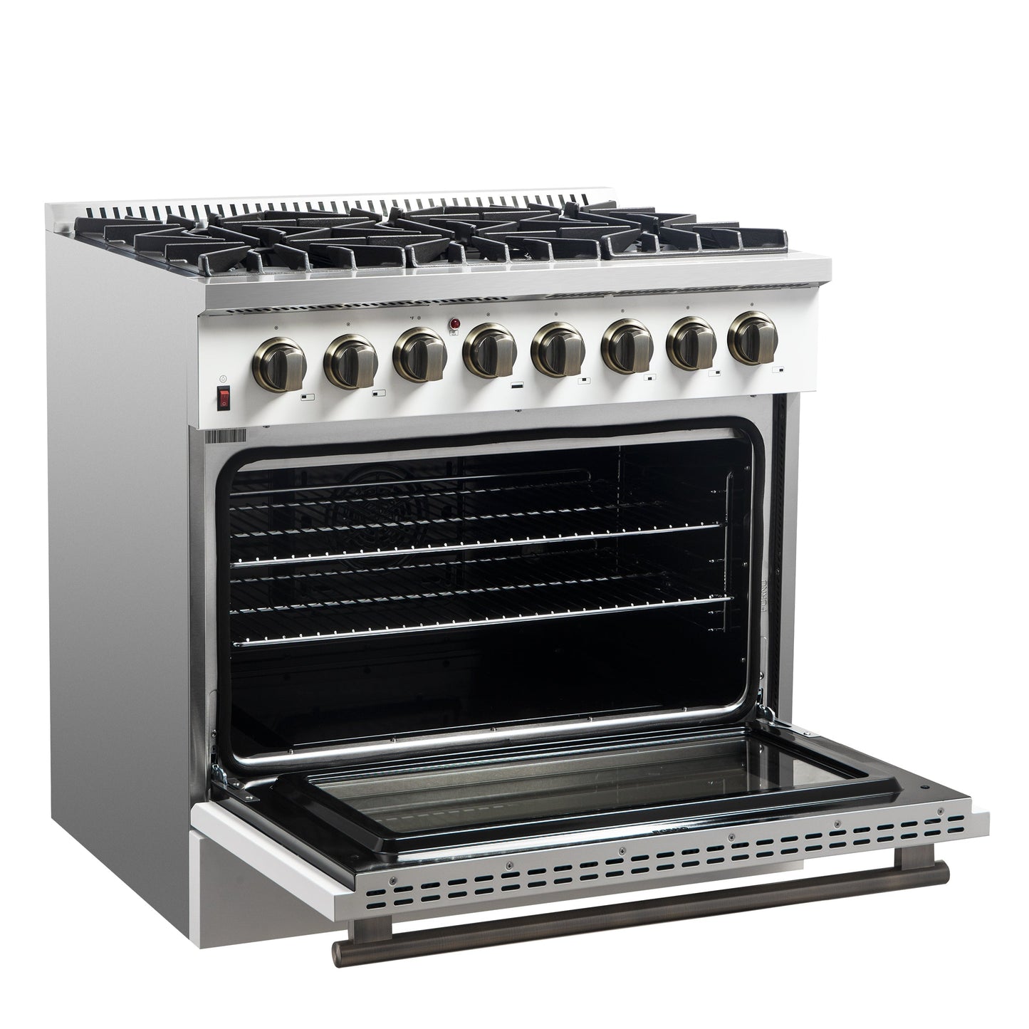 Forno Galiano 36-Inch Dual Fuel Range, 6 Sealed Brass Burners, 5.36 cu. ft. Convection Oven, White Stainless Steel with Antique Brass Accents, Model FFSGS6156-36WHT