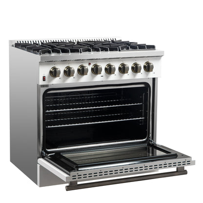 Forno Galiano 36-Inch Dual Fuel Range, 6 Sealed Brass Burners, 5.36 cu. ft. Convection Oven, White Stainless Steel with Antique Brass Accents, Model FFSGS6156-36WHT