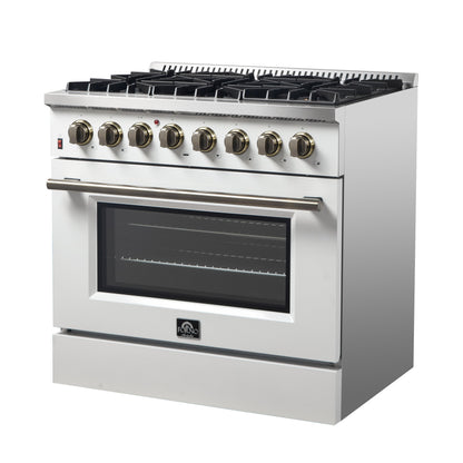 Forno Galiano 36-Inch Dual Fuel Range, 6 Sealed Brass Burners, 5.36 cu. ft. Convection Oven, White Stainless Steel with Antique Brass Accents, Model FFSGS6156-36WHT