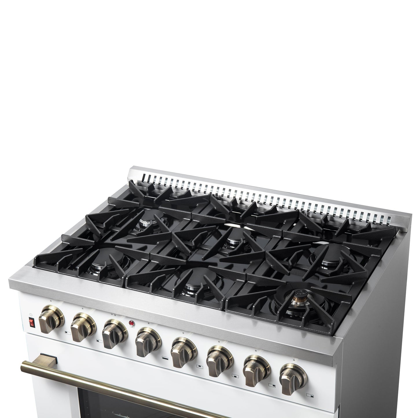 Forno Galiano 36-Inch Dual Fuel Range, 6 Sealed Brass Burners, 5.36 cu. ft. Convection Oven, White Stainless Steel with Antique Brass Accents, Model FFSGS6156-36WHT