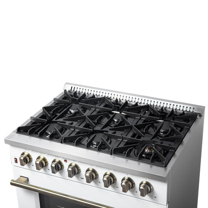 Forno Galiano 36-Inch Dual Fuel Range, 6 Sealed Brass Burners, 5.36 cu. ft. Convection Oven, White Stainless Steel with Antique Brass Accents, Model FFSGS6156-36WHT