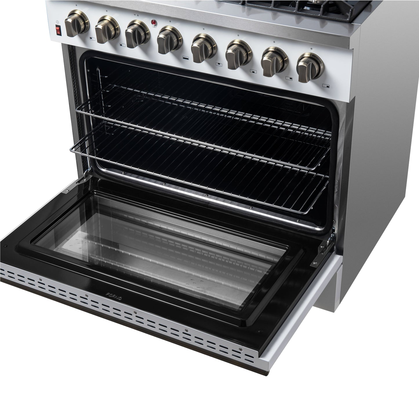 Forno Galiano 36-Inch Dual Fuel Range, 6 Sealed Brass Burners, 5.36 cu. ft. Convection Oven, White Stainless Steel with Antique Brass Accents, Model FFSGS6156-36WHT