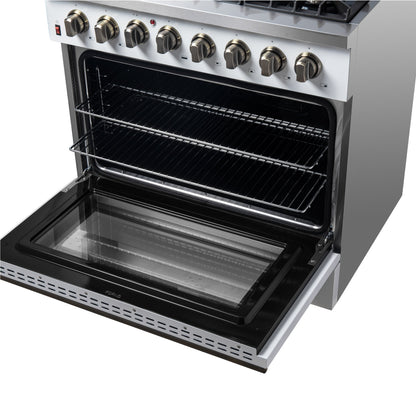 Forno Galiano 36-Inch Dual Fuel Range, 6 Sealed Brass Burners, 5.36 cu. ft. Convection Oven, White Stainless Steel with Antique Brass Accents, Model FFSGS6156-36WHT