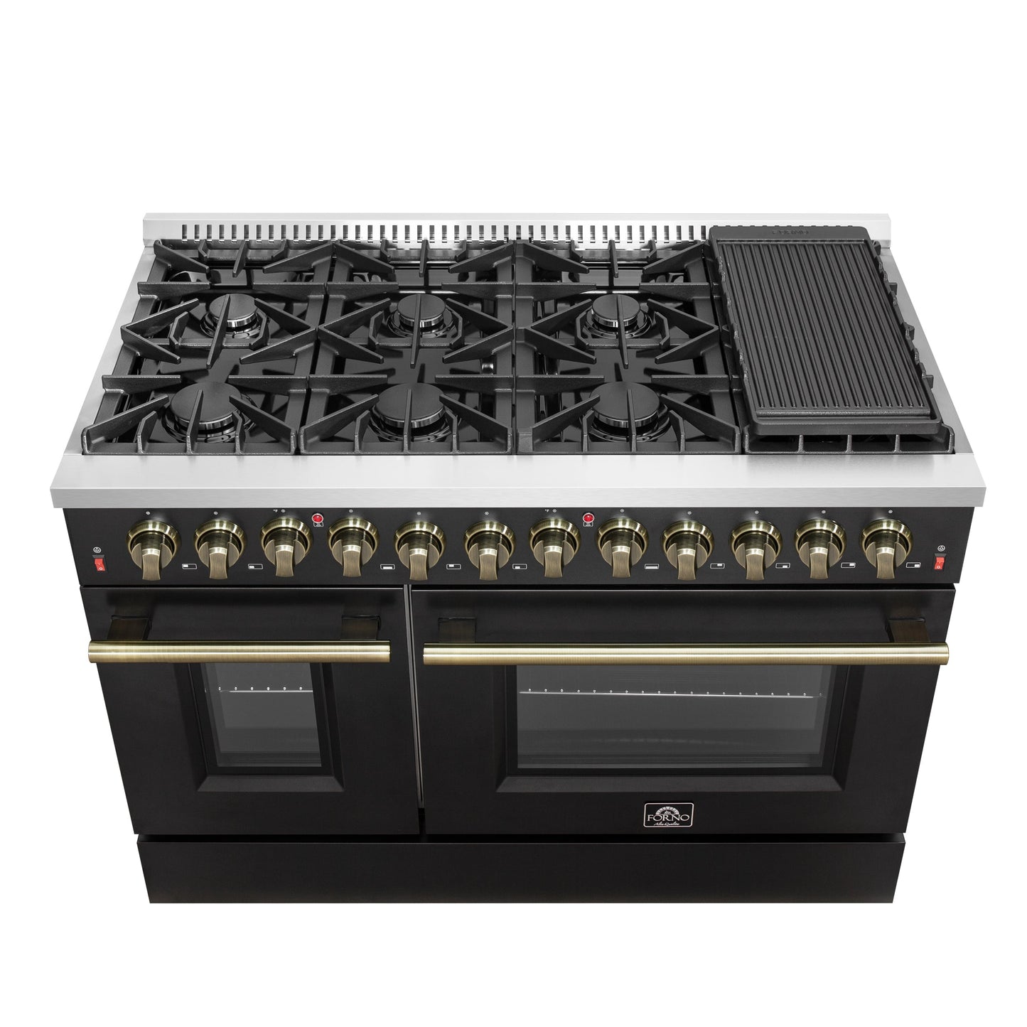 Forno Galiano 48-Inch Dual Fuel Range, 6.58 cu. ft., 8 Sealed Burners with Griddle, Black with Antique Brass Accents (Model FFSGS6156-48BLK)