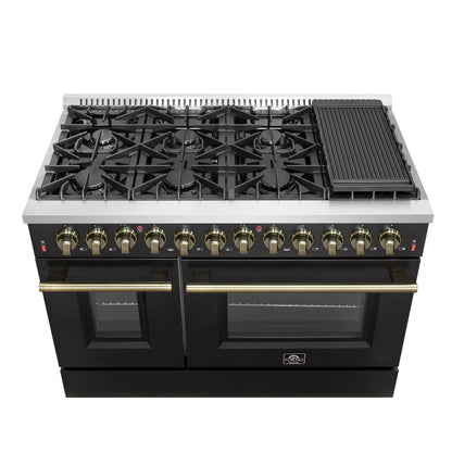 Forno Galiano 48-Inch Dual Fuel Range, 6.58 cu. ft., 8 Sealed Burners with Griddle, Black with Antique Brass Accents (Model FFSGS6156-48BLK)