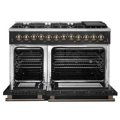 Forno Galiano 48-Inch Dual Fuel Range, 6.58 cu. ft., 8 Sealed Burners with Griddle, Black with Antique Brass Accents (Model FFSGS6156-48BLK)