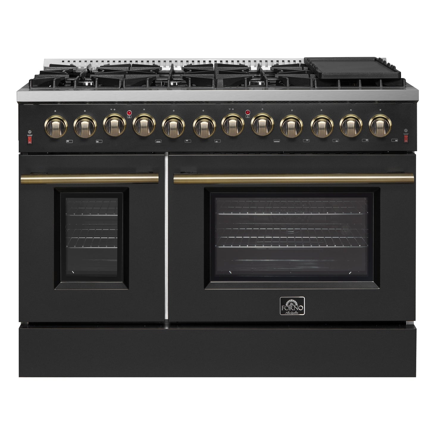 Forno Galiano 48-Inch Dual Fuel Range, 6.58 cu. ft., 8 Sealed Burners with Griddle, Black with Antique Brass Accents (Model FFSGS6156-48BLK)