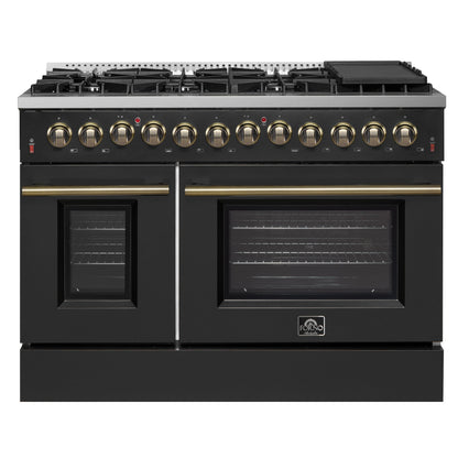 Forno Galiano 48-Inch Dual Fuel Range, 6.58 cu. ft., 8 Sealed Burners with Griddle, Black with Antique Brass Accents (Model FFSGS6156-48BLK)
