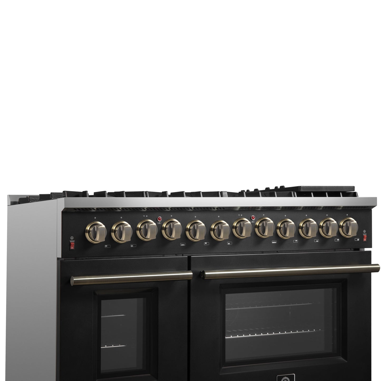 Forno Galiano 48-Inch Dual Fuel Range, 6.58 cu. ft., 8 Sealed Burners with Griddle, Black with Antique Brass Accents (Model FFSGS6156-48BLK)