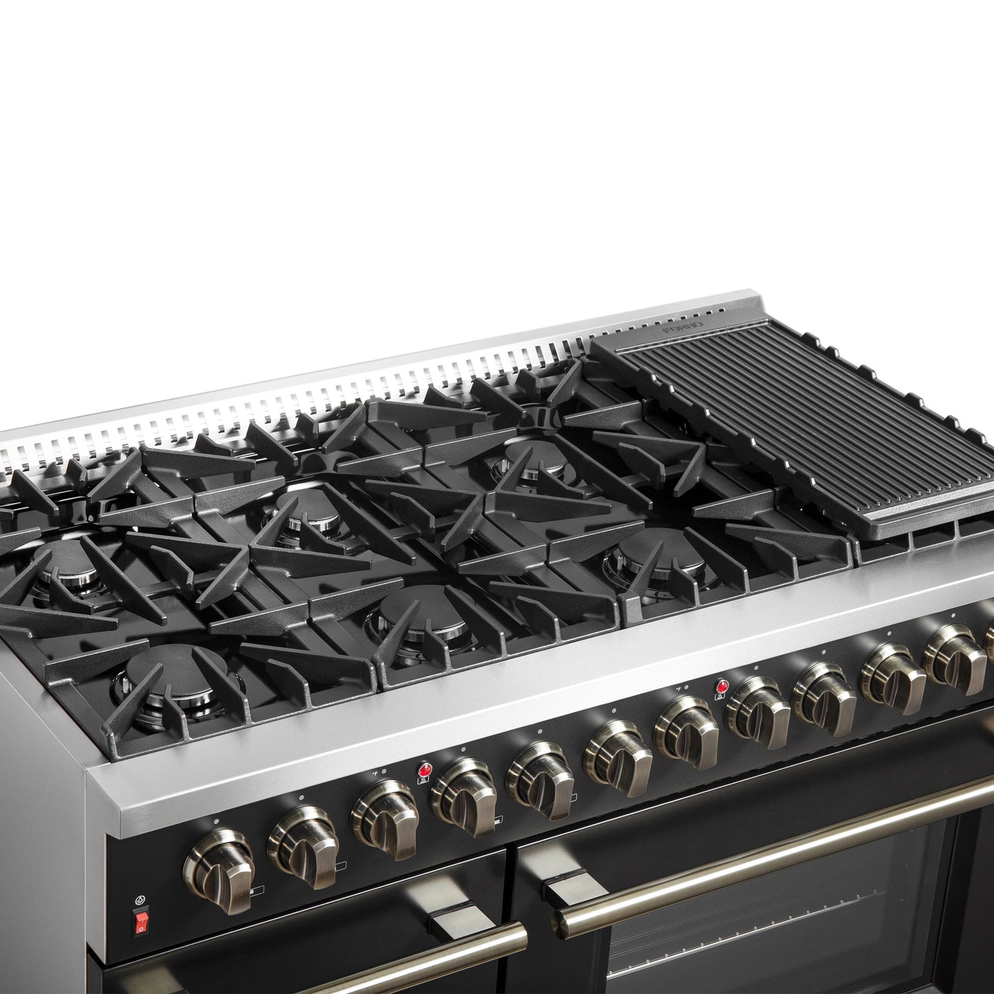 Forno Galiano 48-Inch Dual Fuel Range, 6.58 cu. ft., 8 Sealed Burners with Griddle, Black with Antique Brass Accents (Model FFSGS6156-48BLK)