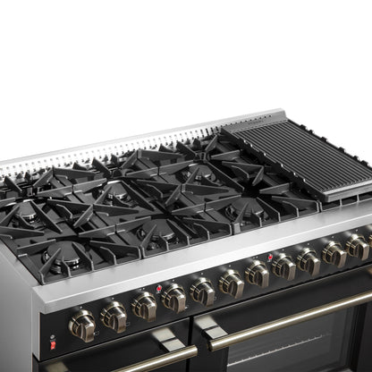 Forno Galiano 48-Inch Dual Fuel Range, 6.58 cu. ft., 8 Sealed Burners with Griddle, Black with Antique Brass Accents (Model FFSGS6156-48BLK)