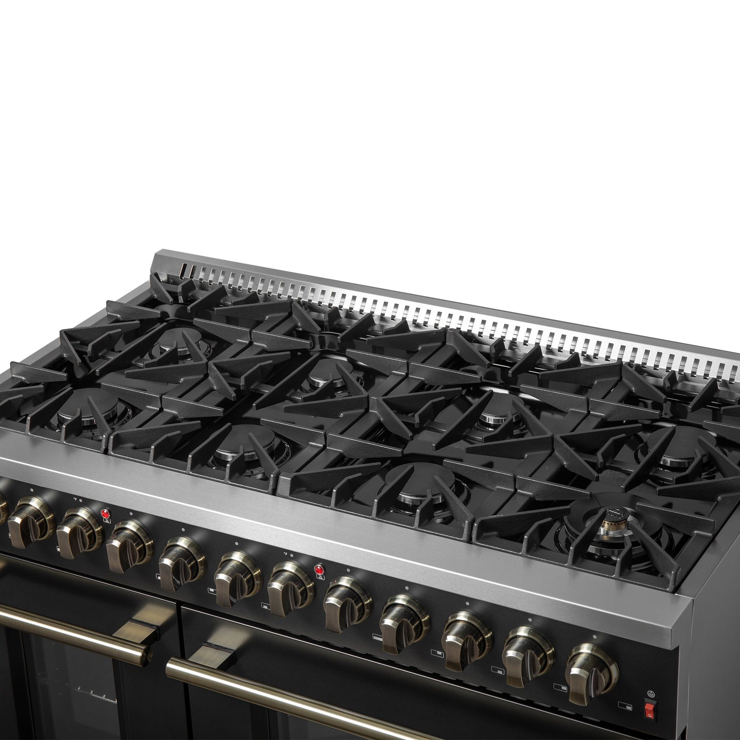 Forno Galiano 48-Inch Dual Fuel Range, 6.58 cu. ft., 8 Sealed Burners with Griddle, Black with Antique Brass Accents (Model FFSGS6156-48BLK)